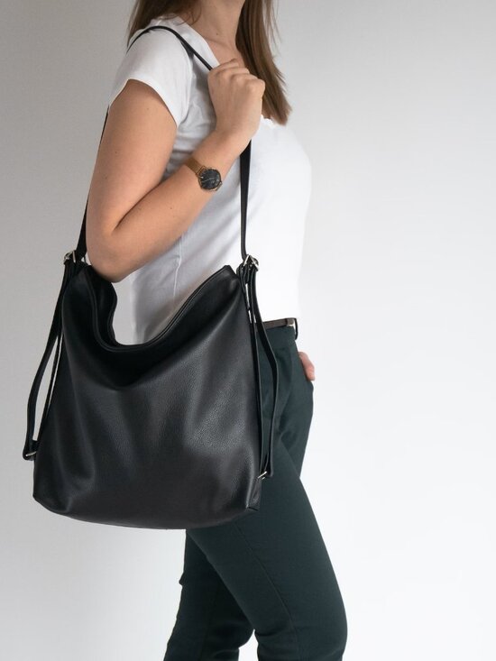 Handbags - Minimalist Black Leather Convertible Purse/Backpack